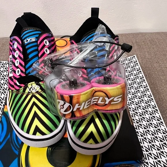 Heelys Kids Sneakers Neon Rainbow Stripe with Pink Wheels - Picture 3 of 4